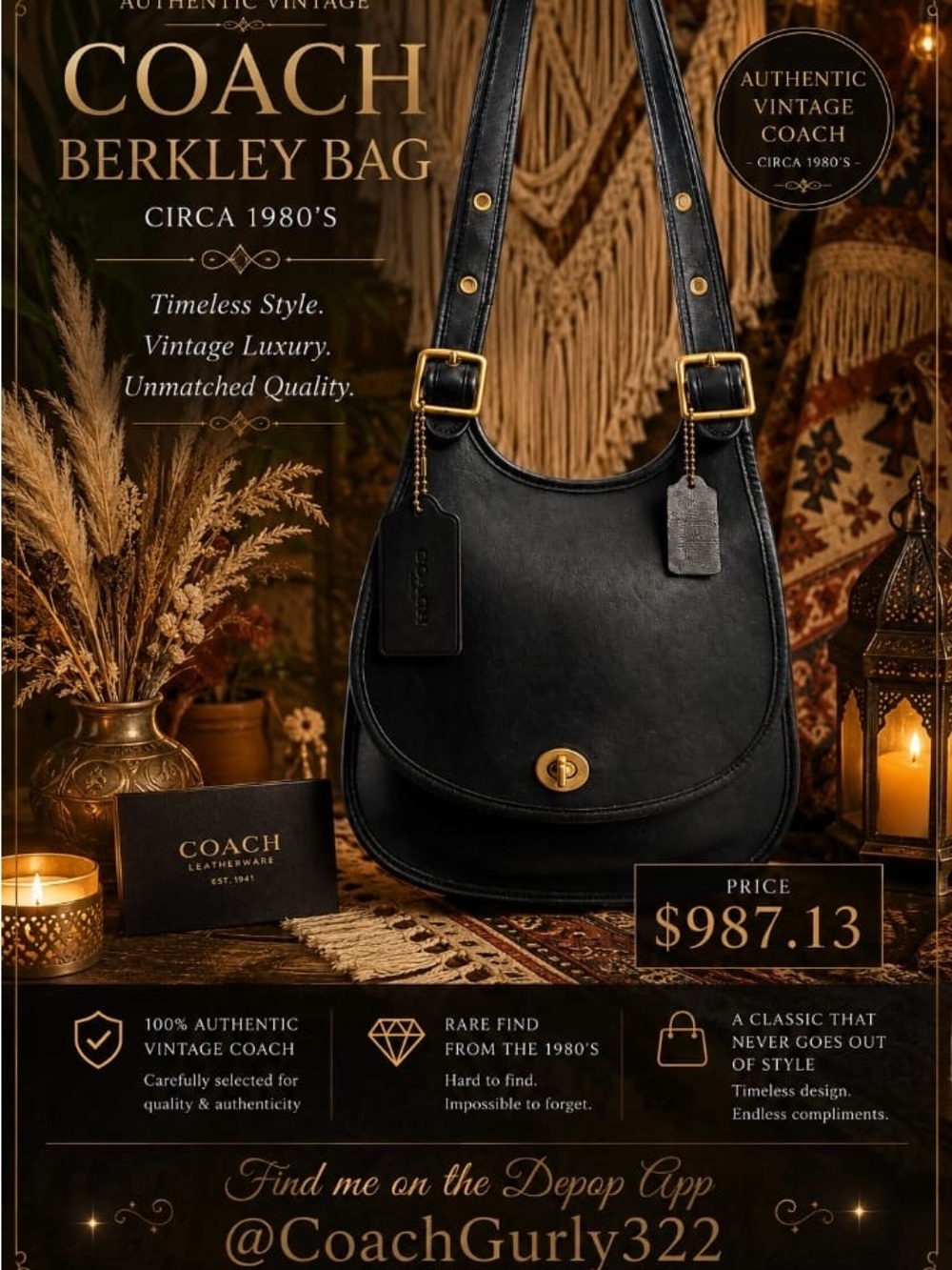 Coach Black Leather Berkley Shoulder Bag with Gold Hardware - Picture 1 of 8